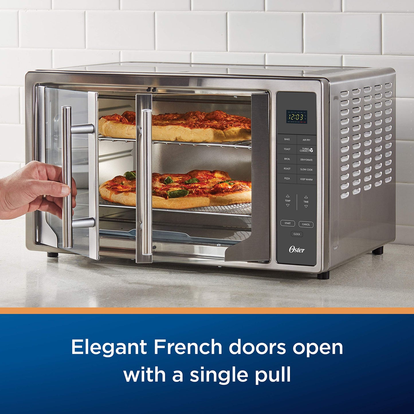 Oster Air Freidora Horno 10 en 1 tostador de encimera lo suficientemente grande para 2 pizzas puertas francesas de acero inoxidable, tamaño XL