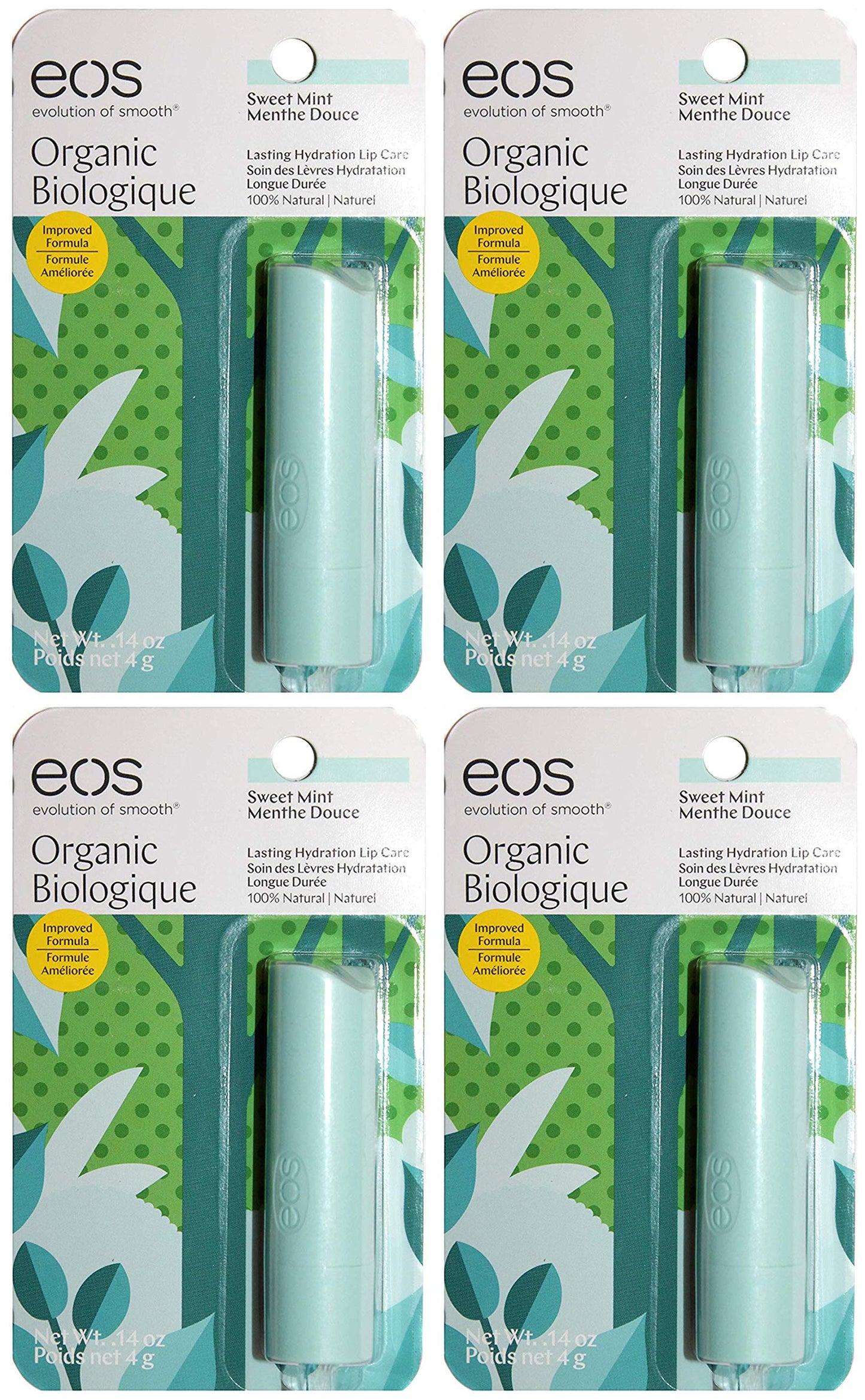 EOS Lip Care – Biología orgánica – Menta dulce – 100% natural – Peso neto 0.14 oz (4 g) por barra – Paquete de 4 varillas