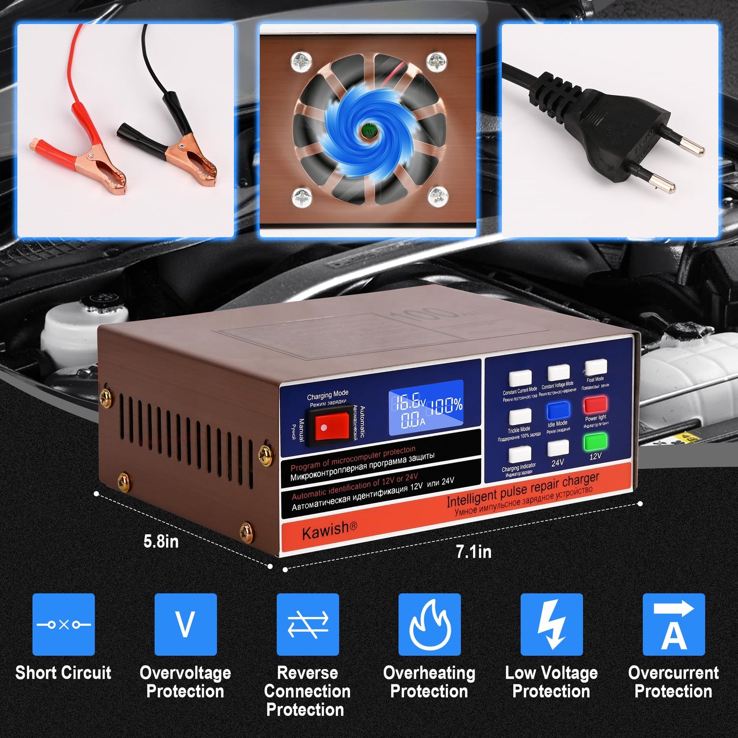 Kawish - Cargador de batería automático completo para coche, 12 V/10 A, 24 V/7.5 A, cargador de batería inteligente para reparación de pulsos, camión, motocicleta, con cepillo para polvo de limpieza