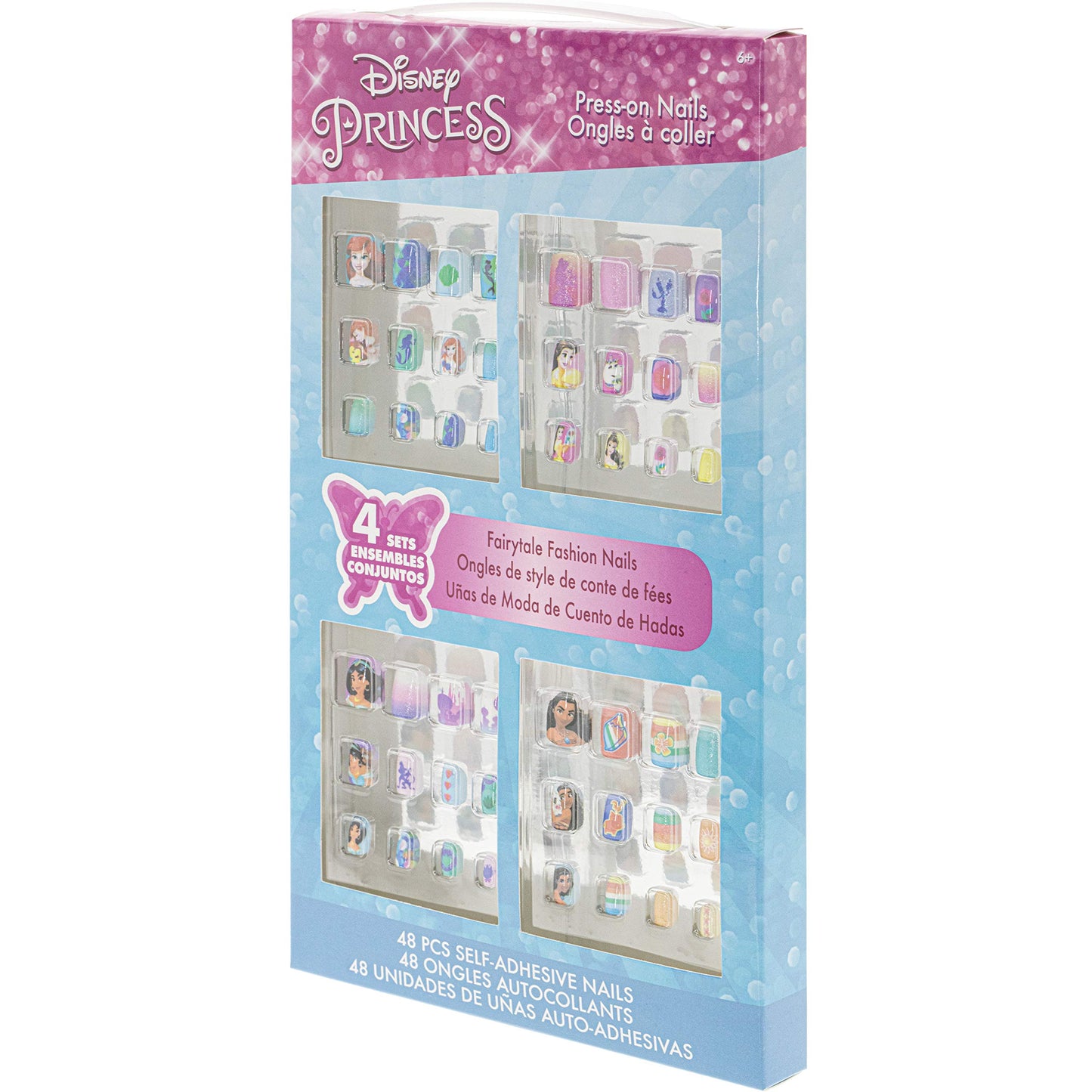 Disney Princess - Juego de 48 uñas postizas artificiales para niñas, niños con prepegamento, kit de punta acrílica de cubierta completa, a partir de 6 años, para fiestas, fiestas de pijamas y cambios