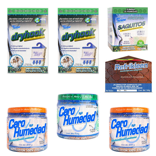 Cero Humedad | Paquete 3 | Incluye 2 Dry Hook de 450 grs. + 2 Rejillas Rellenables de 300 gr. + 1 Deshumidificador natural de 910 g. + 1 Deshumidificador Saquitos + 1 Refrikleen Gratis.