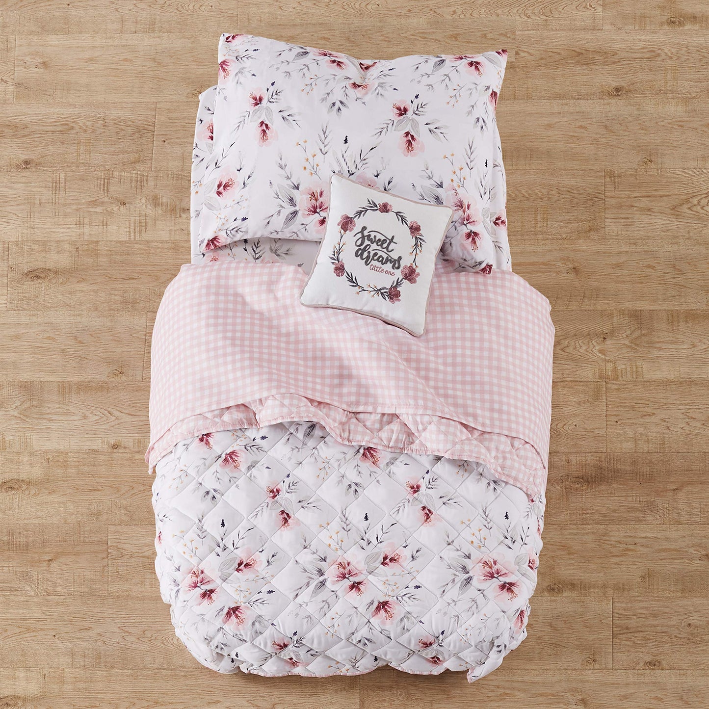 Levtex Baby - Adeline - Juego de cama para niños pequeños, color rosa, gris y blanco, diseño floral clásico, juego de 5 piezas, incluye edredón reversible, sábana bajera, sábana encimera, funda de