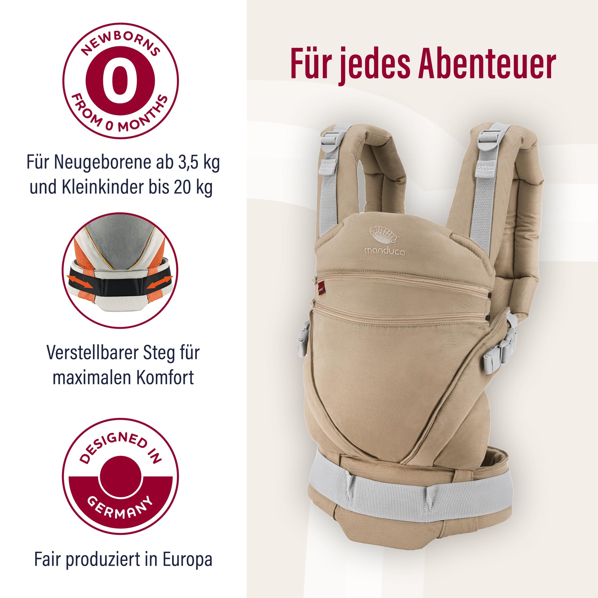 Manduca XT, portabebés con asiento ajustable, 3 posiciones de transporte (delantero, cadera y espalda), algodón orgánico, crece con tu bebé (3,5-20 kg), Monochrome Nougat, XT Cotton