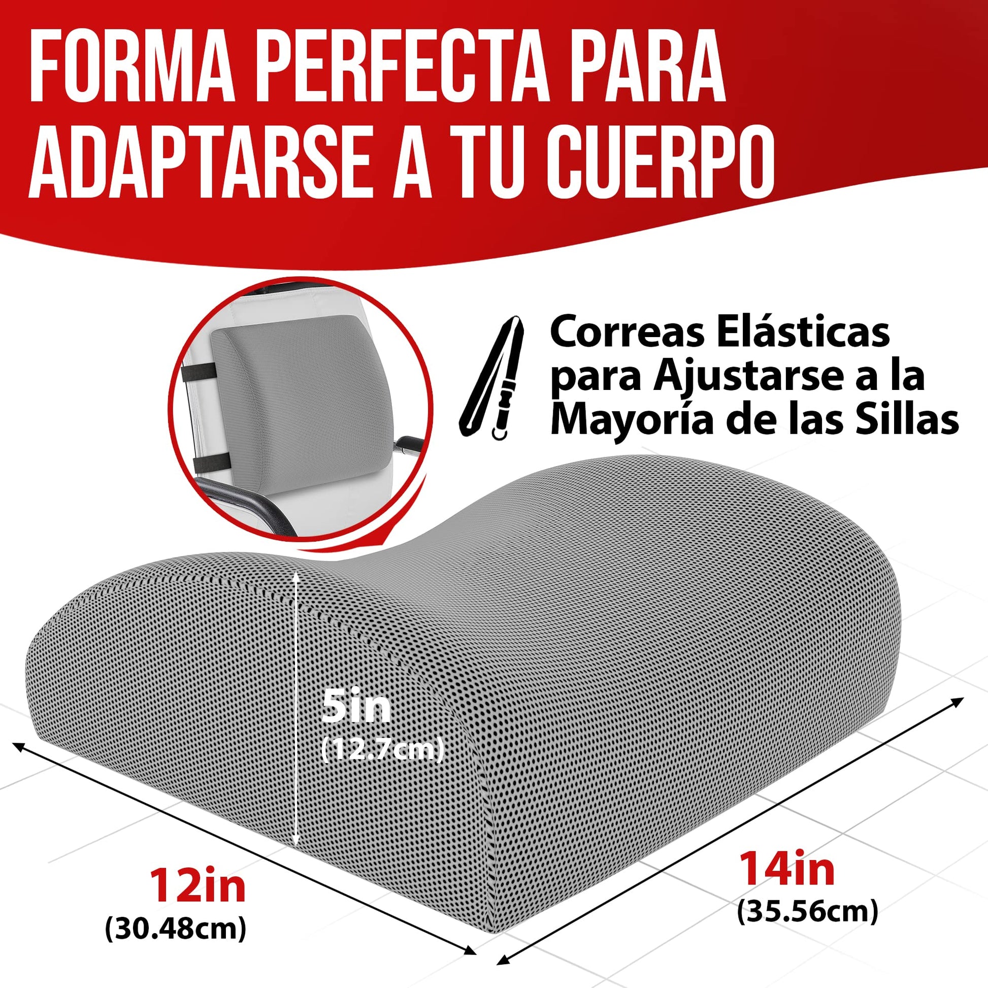 FORTEM Cojín Lumbar de Silla de Oficina, Almohada de Apoyo Lumbar, Cojín Lumbar para Silla de Escritorio, Almohada Viscoelástica para la Espalda, Funda Lavable (Gris Malla)