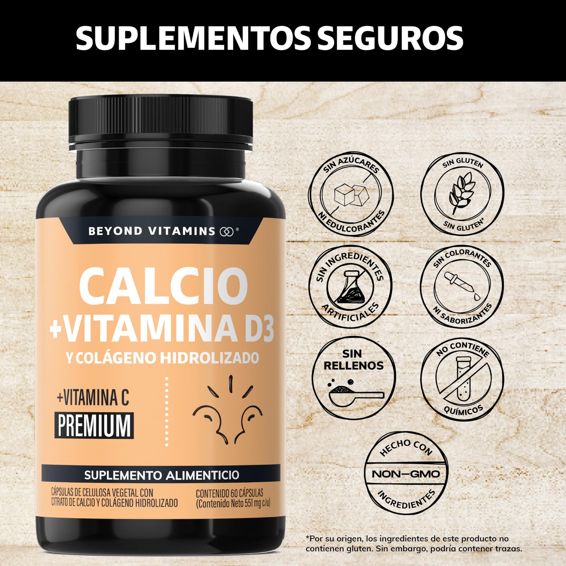 Beyond Vitamins | Calcio 1000 + Vitamina D3 | Potenciado con Colágeno Hidrolizado y Vitamina C | Caltrato 1000mg con Cápsula Vegana para todas las dietas (60 cápsulas)