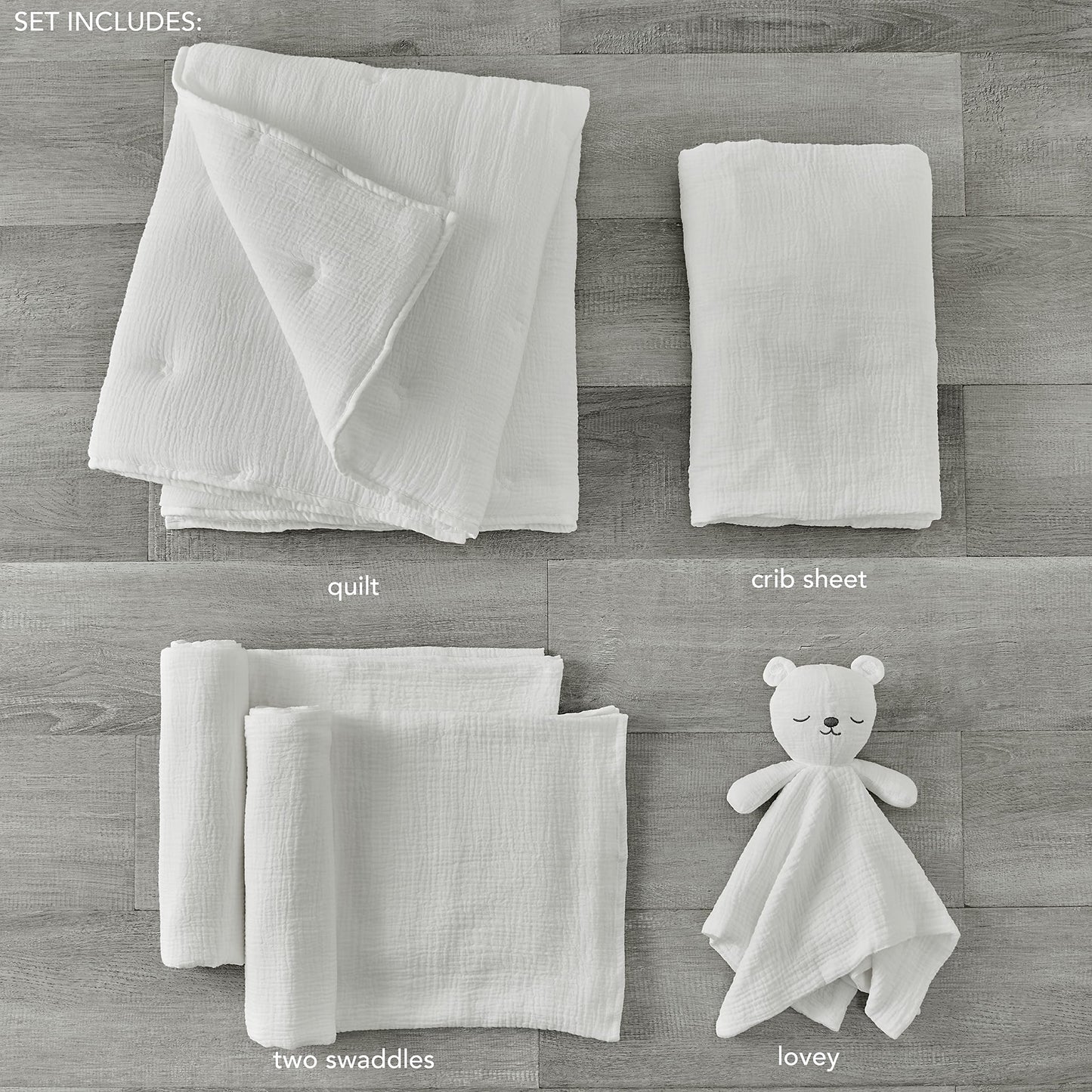 Levtex Baby - Juego de Cama de Cuna de Muselina en la Nube - 5 Piezas, Incluye Edredón, Sábanas, Dos Pañales y Oso, Gris y Blanco con Estrellas Blancas