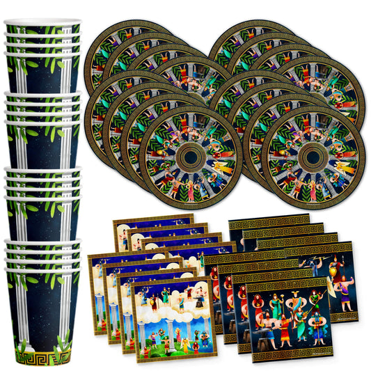 Juego de suministros para fiesta de cumpleaños de mitología griega, juego de platos, servilletas, tazas, vajilla para 16