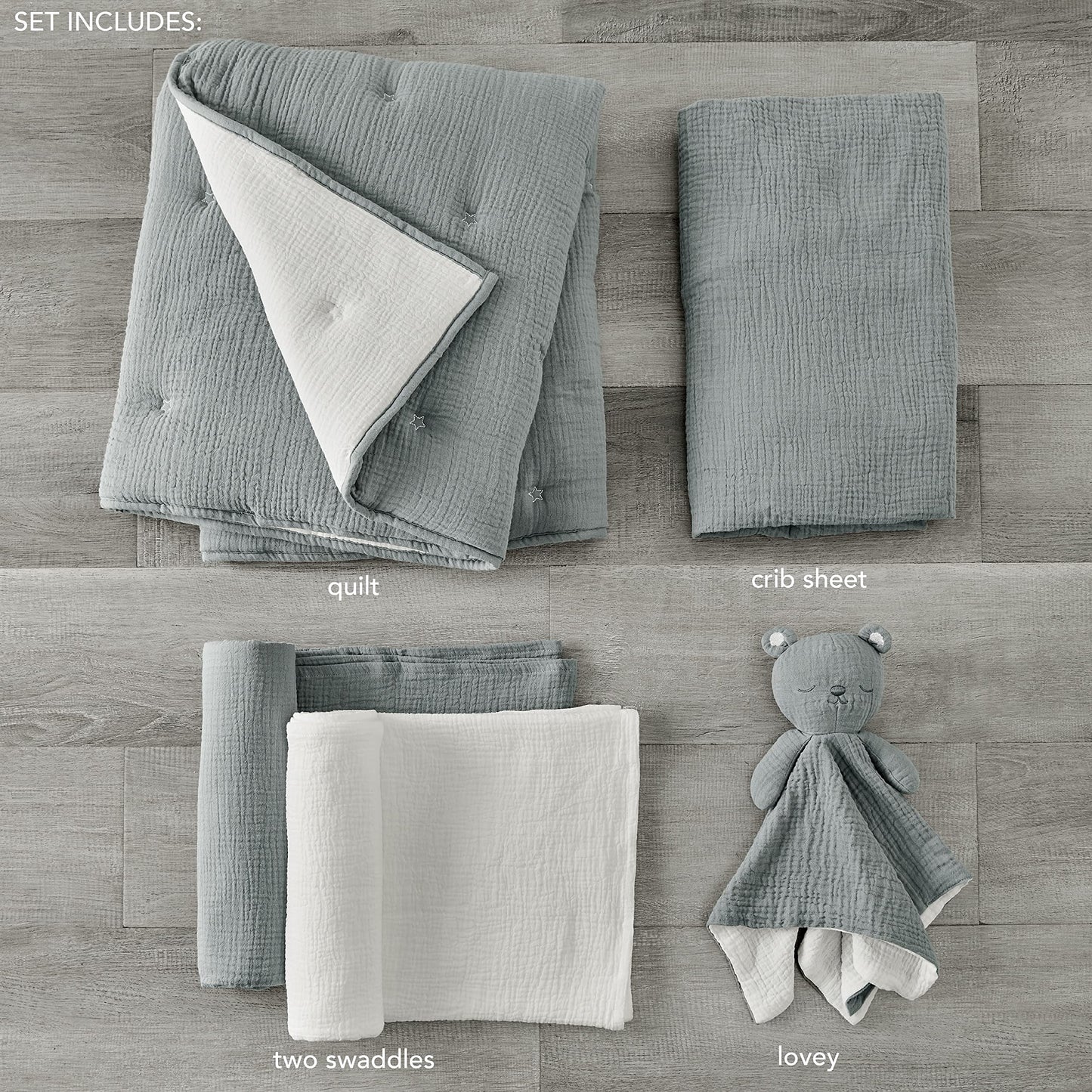 Levtex Baby - Juego de cama de cuna de muselina en la nube - Juego de cama para bebé - Estrellas grises y blancas - Muselina texturizada gris - Juego de 5 piezas incluye edredón, sábana bajera, dos