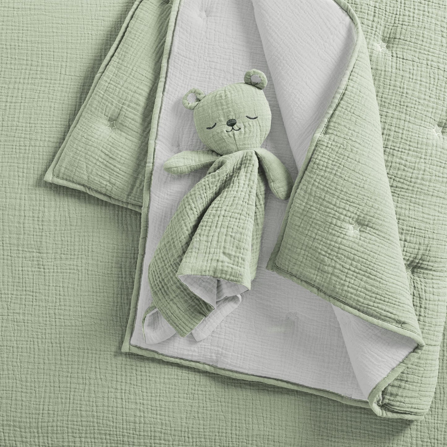 Levtex Baby - Juego de cama de cuna de muselina en nube, juego de guardería para bebé, estrellas salvia y blancas, muselina texturizada salvia, juego de 5 piezas, incluye edredón, sábana bajera, dos