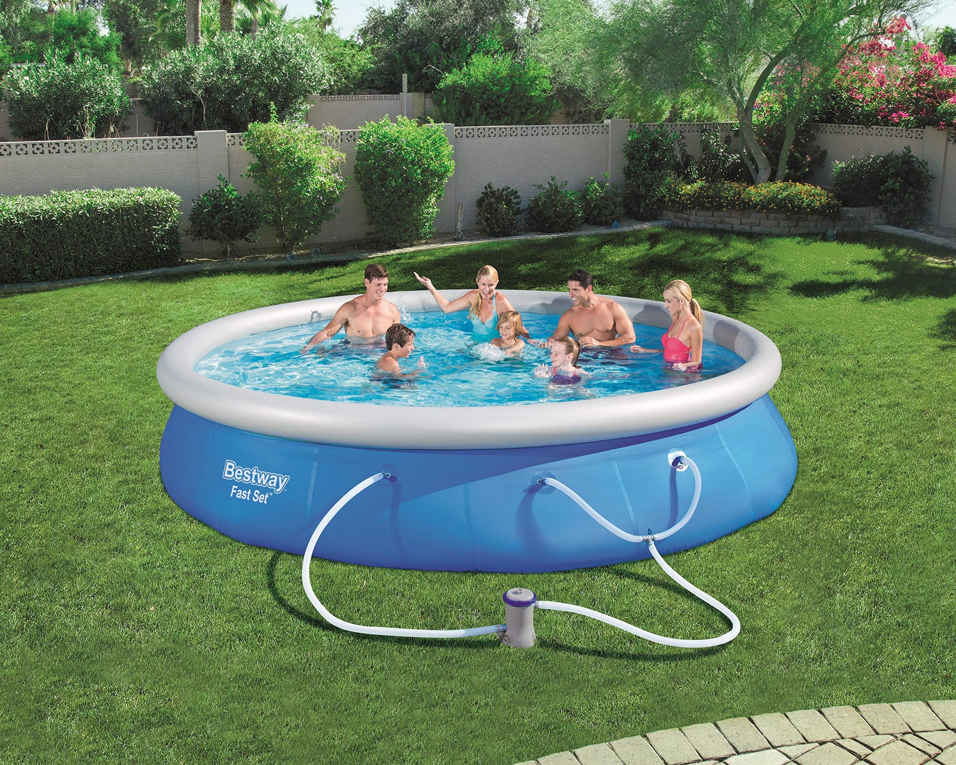 Alberca Inflable Red Azul Fast Set Con Bomba Y Filtro, Medidas 4.57Mx84Cm (15'X33"), Capacidad 9,677 Lts