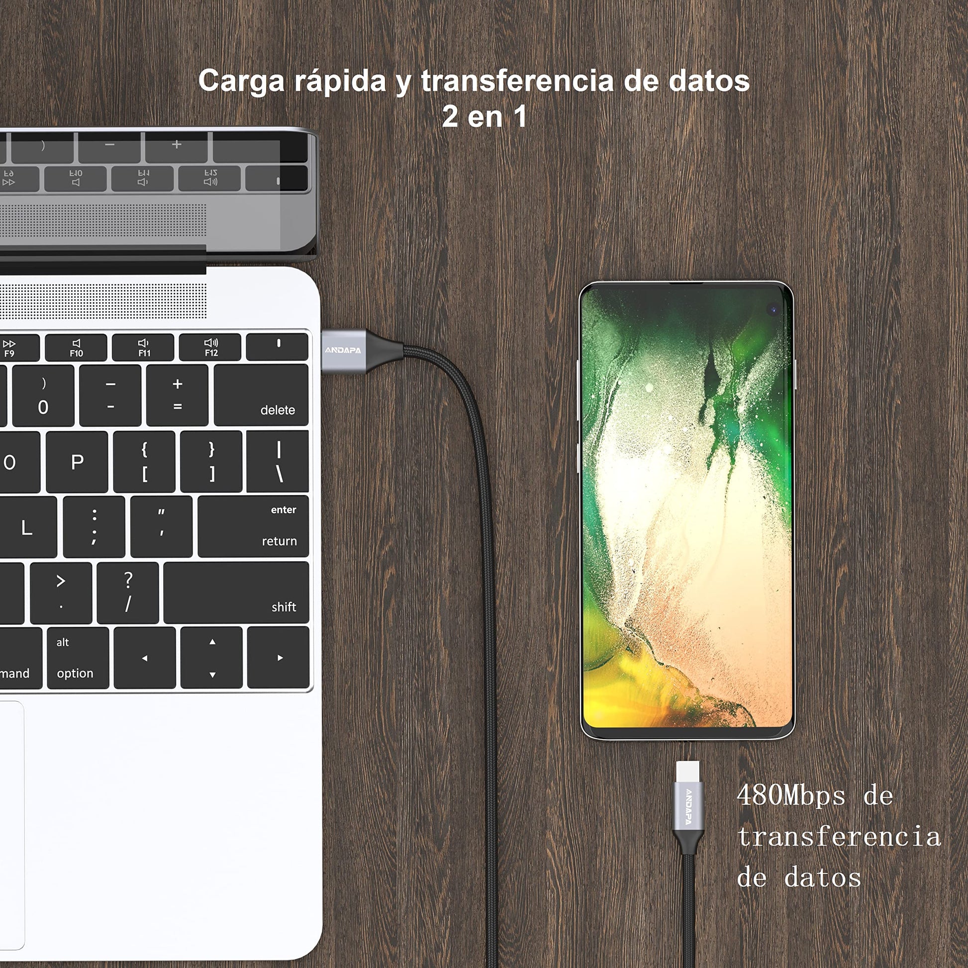 Cable USB C ANDAPA Negro Carga Rápida Compatible con Galaxy, Xiaomi, GoPro, OnePlus, Huawei y LG