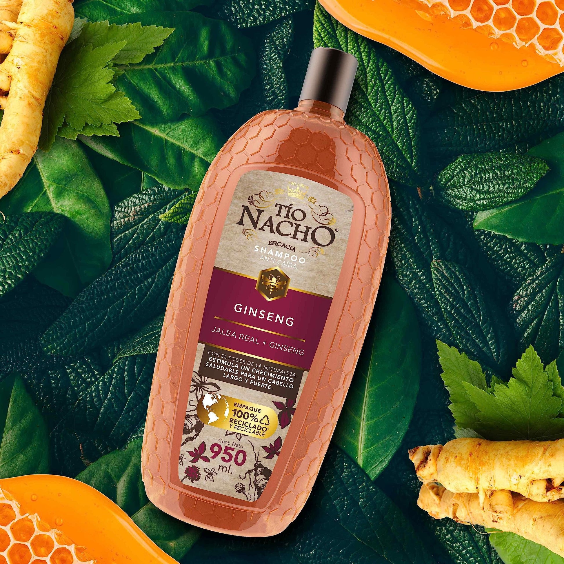 TIO NACHO - Shampoo Anti-Caída. Estimula y fortalece crecimiento saludable de la fibra capilar, con jalea real y extractos de ginseng, romero, aloe vera y jojoba. Empaque 100% reciclado, botella con 950ml