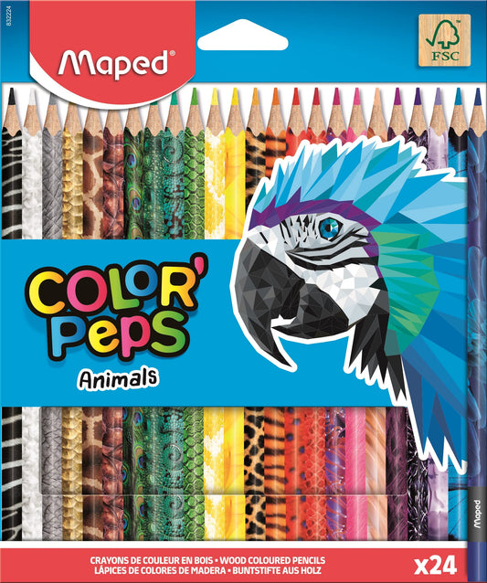 Maped - Color'Peps Animals - Lápices de colores en madera con diseño de animales, Caja con 24 piezas
