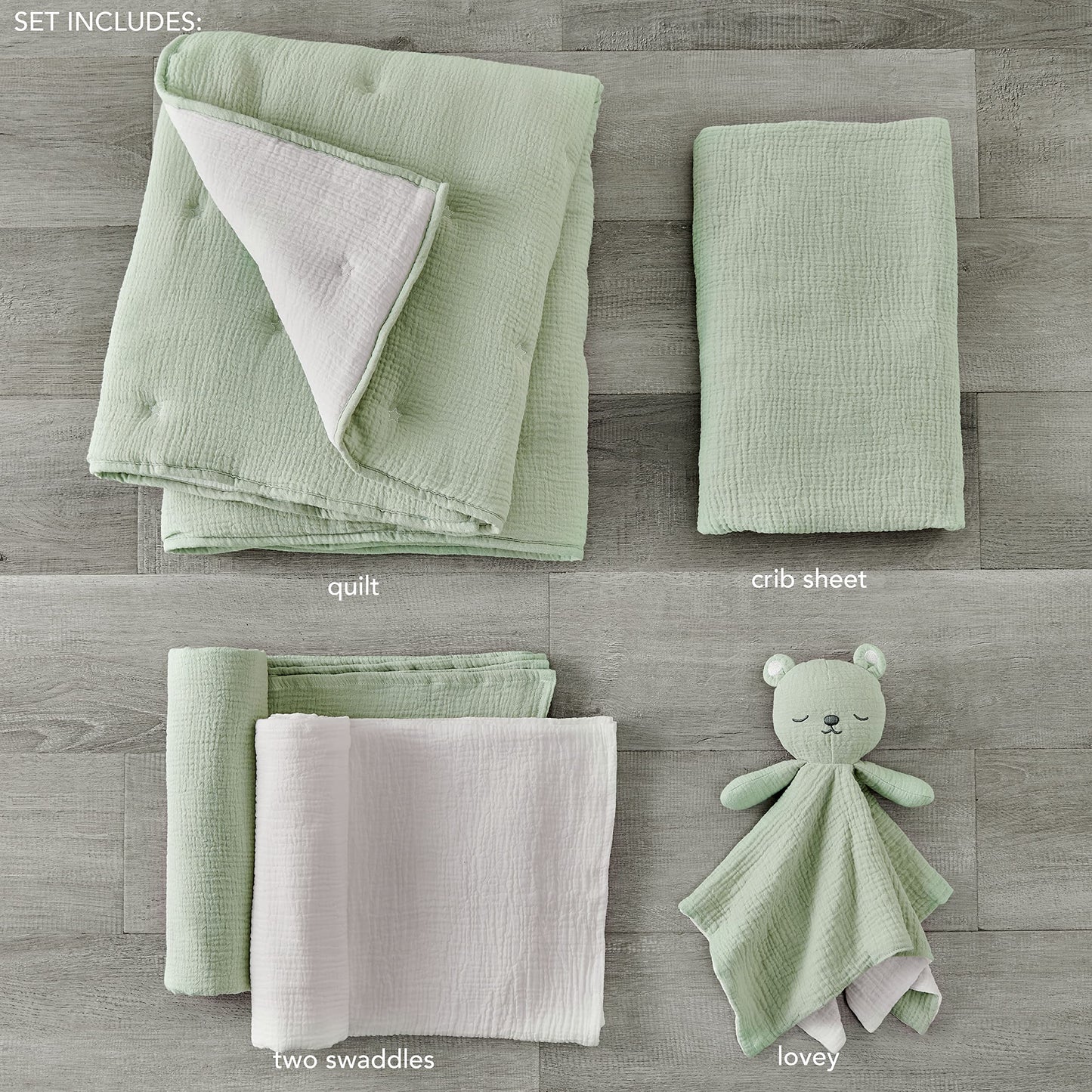 Levtex Baby - Juego de cama de cuna de muselina en nube, juego de guardería para bebé, estrellas salvia y blancas, muselina texturizada salvia, juego de 5 piezas, incluye edredón, sábana bajera, dos