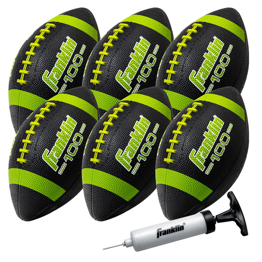 Franklin Sports Junior Grip-Rite 100 - Balones de fútbol de Goma para niños, Paquete de 6 con Bomba, Negro/óptico
