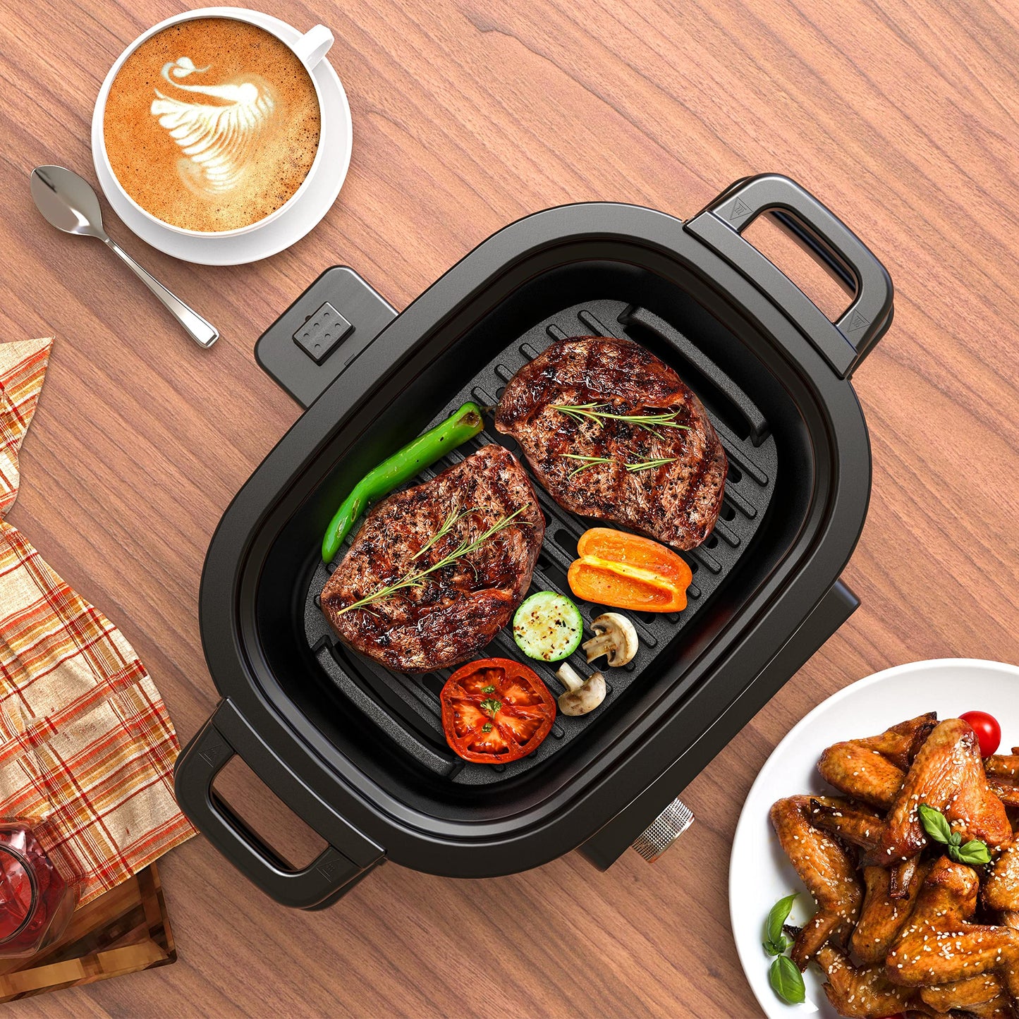 Galanz Cocina múltiple 8 en 1 con freír al aire, al aspiradora, arroz, saltear, cocción lenta, vapor, asado y parrilla, tazón extraíble de 8 cuartos de galón, 8 programas preestablecidos, acero inoxidable