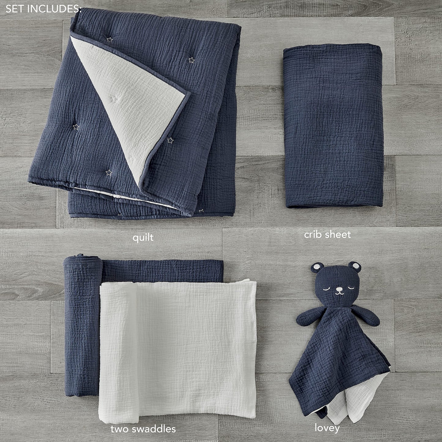 Levtex Baby - Juego de cama de cuna de muselina en la nube - Juego de cama para bebé - Estrellas azul marino y blanco - Muselina texturizada azul marino - Juego de 5 piezas incluye edredón, sábana