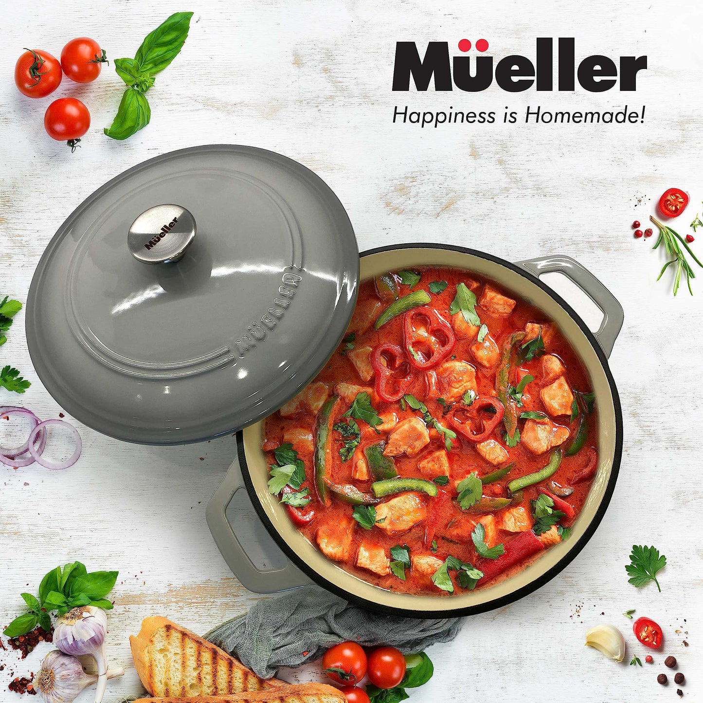 Mueller - Horno holandés de hierro fundido esmaltado de 6 cuartos de galón, cazuela resistente y sartén con tapa y perilla, seguro para todas las estufas