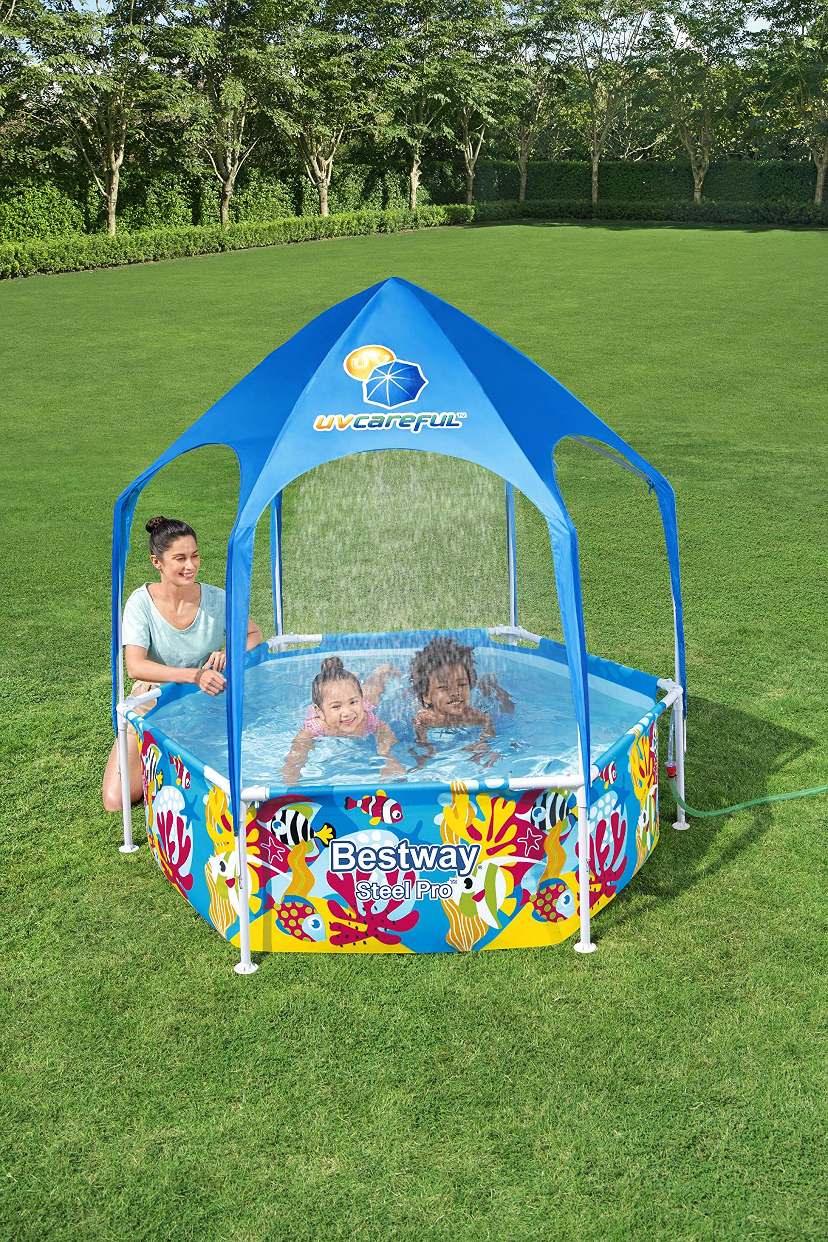 Bestway - Piscina con Marco Profesional de Acero con protección Solar en el Techo, sin Bomba de diámetro, 183 x 51 cm, diseño subacuático Redondo