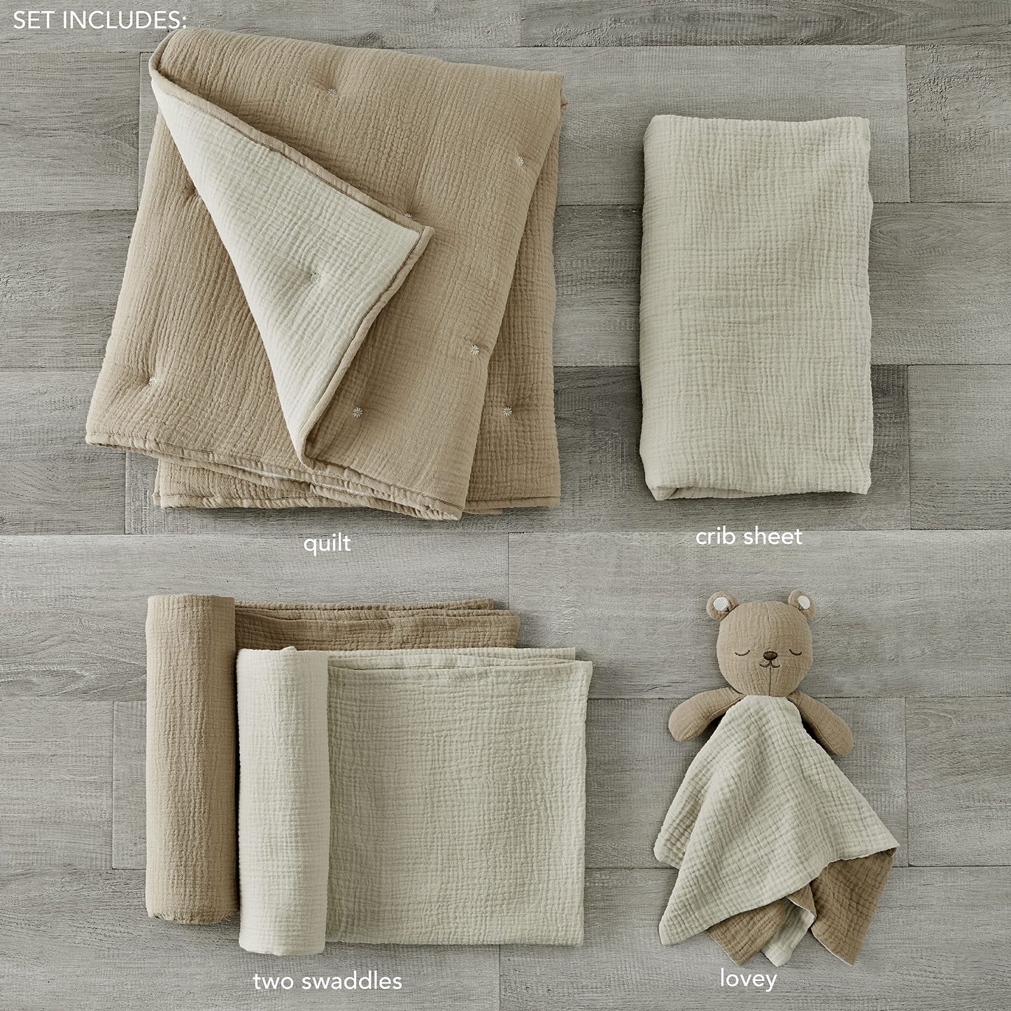 Levtex Baby - Juego de cama de cuna de muselina en la nube - Juego de cuna para bebé, diseño de cacao y estrellas beige, muselina con textura gris, juego de 5 piezas, incluye edredón, sábana bajera,