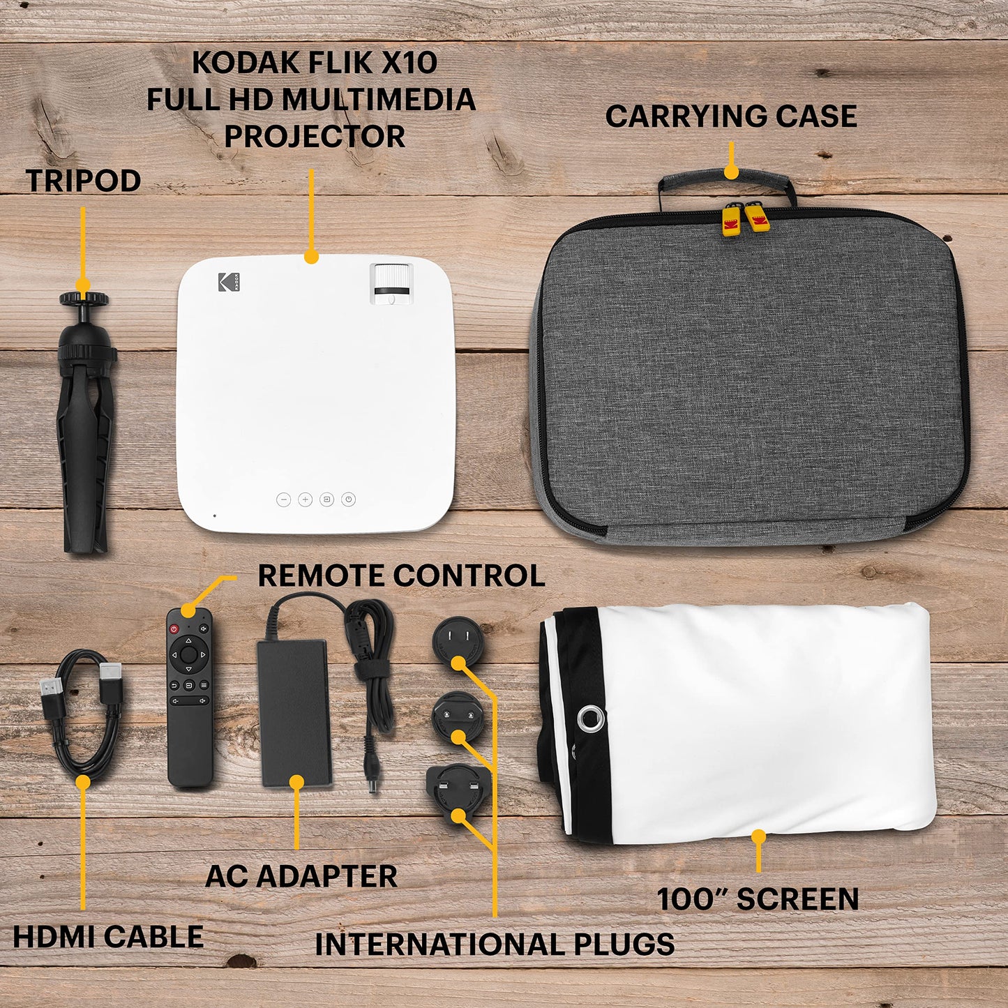 KODAK FLIK X10 - Kit de proyector multimedia Full HD | Mini sistema de cine en casa compacto portátil de 1080p con visualización de proyección de 100 pulgadas, control remoto, soporte de trípode,