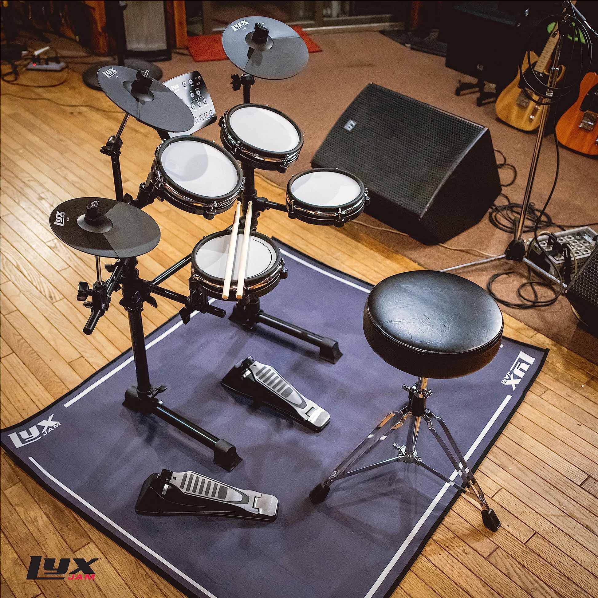 LyxJam - Kit de batería electrónica de 7 piezas, juego de batería profesional con tela de malla real, 209 sonidos precargados, 50 canciones de reproducción largas, capacidad de grabación, platillos y