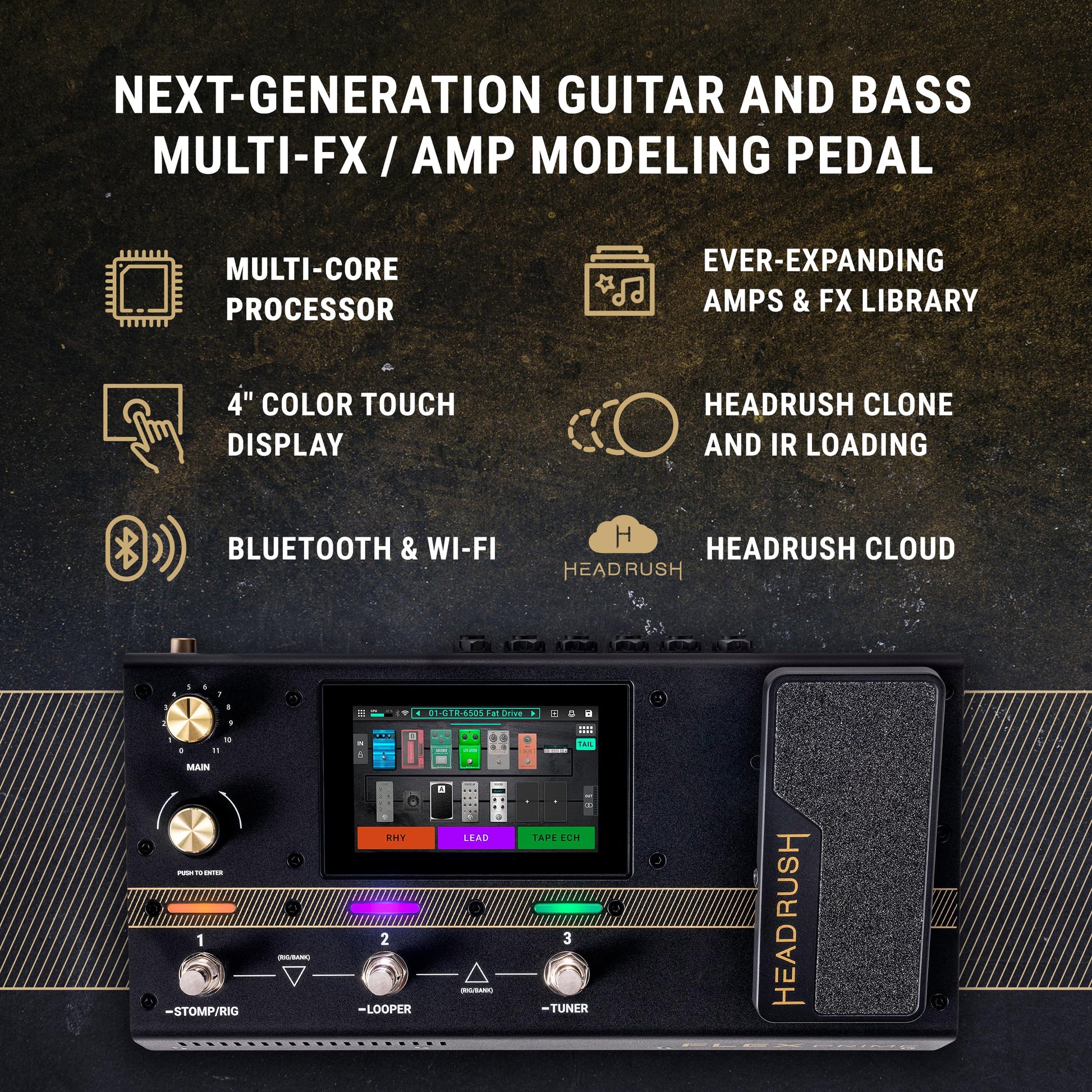 HeadRush Flex Prime - Pedal Multiefectos para Guitarra y Bajo y Procesador de Modelado de Amplis con Pantalla Táctil, Looper, WiFi, Bluetooth y USB