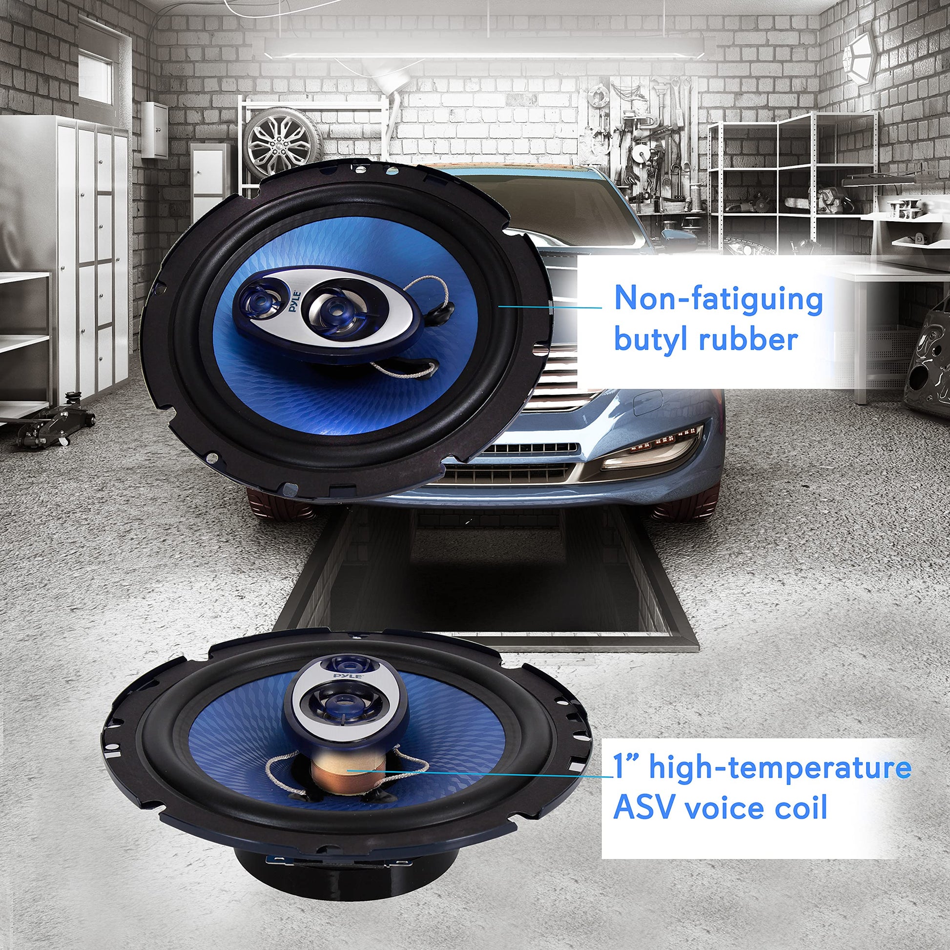 Pyle Bocinas de 6.5 pulgadas para coche estéreo - 180W RMS / Potencia de 360W. Impedancia 4 Ohmios. Tweeter Piezoeléctrico de 3/4 Pulgada. Triaxial de Rango Completo. Forma Redonda, Azul. 2 Pzas
