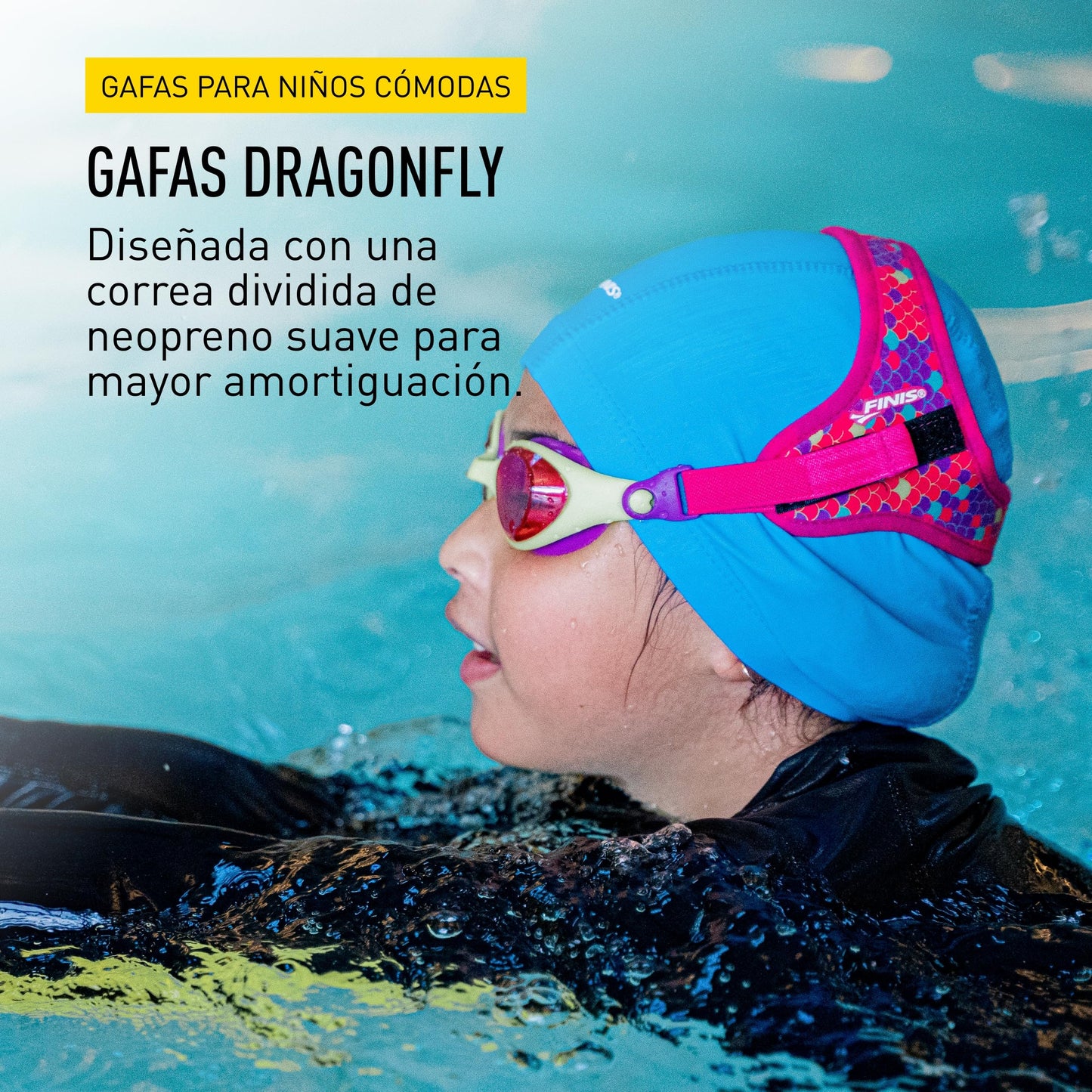 FINIS DragonFly - anteojos de natación para niños, de 3 a 8 años, protección UV, correa de neopreno flotante, ajuste de silicona suave, escamas