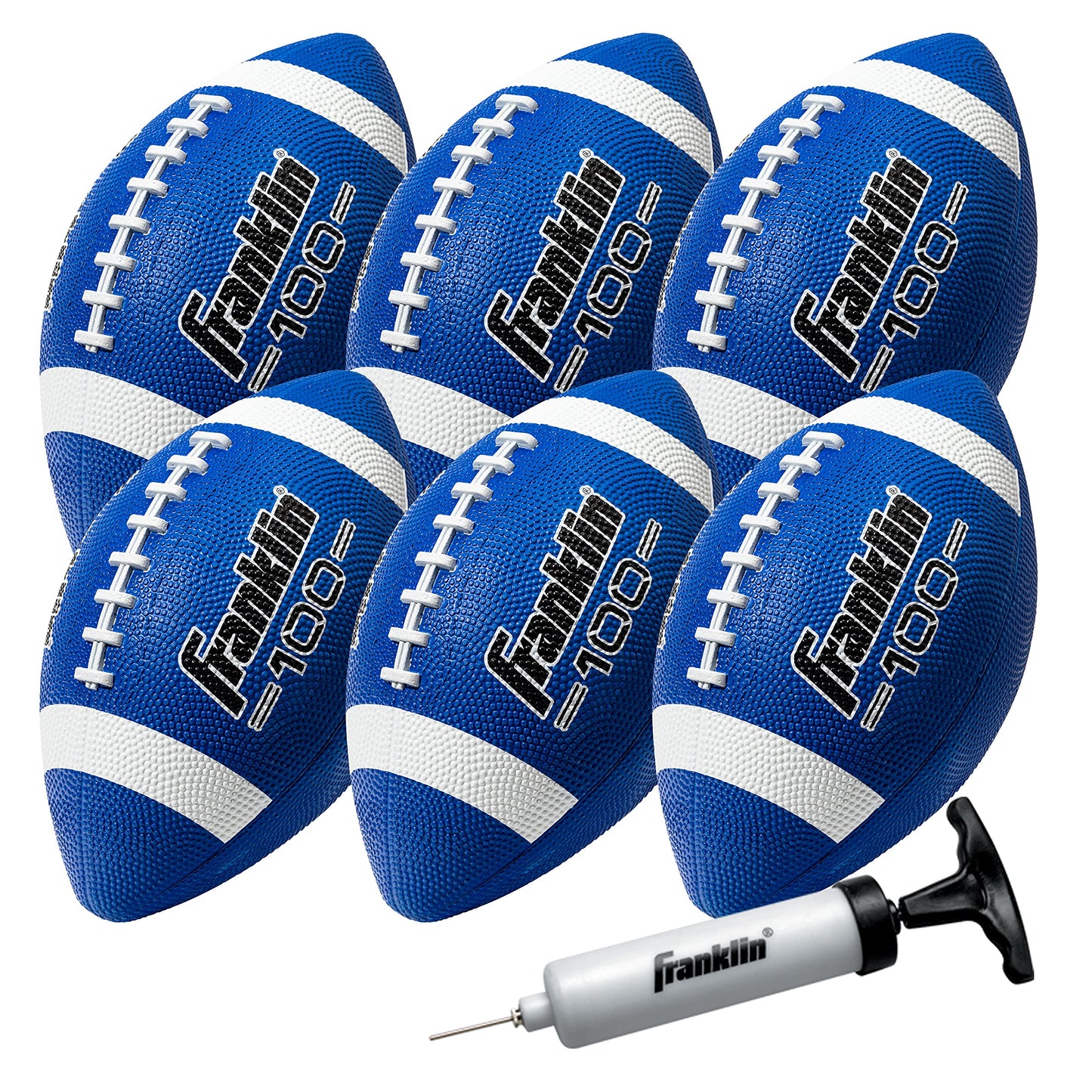 Franklin Sports Grip-Rite 100 - Balones de fútbol de Goma para niños, Paquete de 6 con Bomba, Color Azul y Blanco