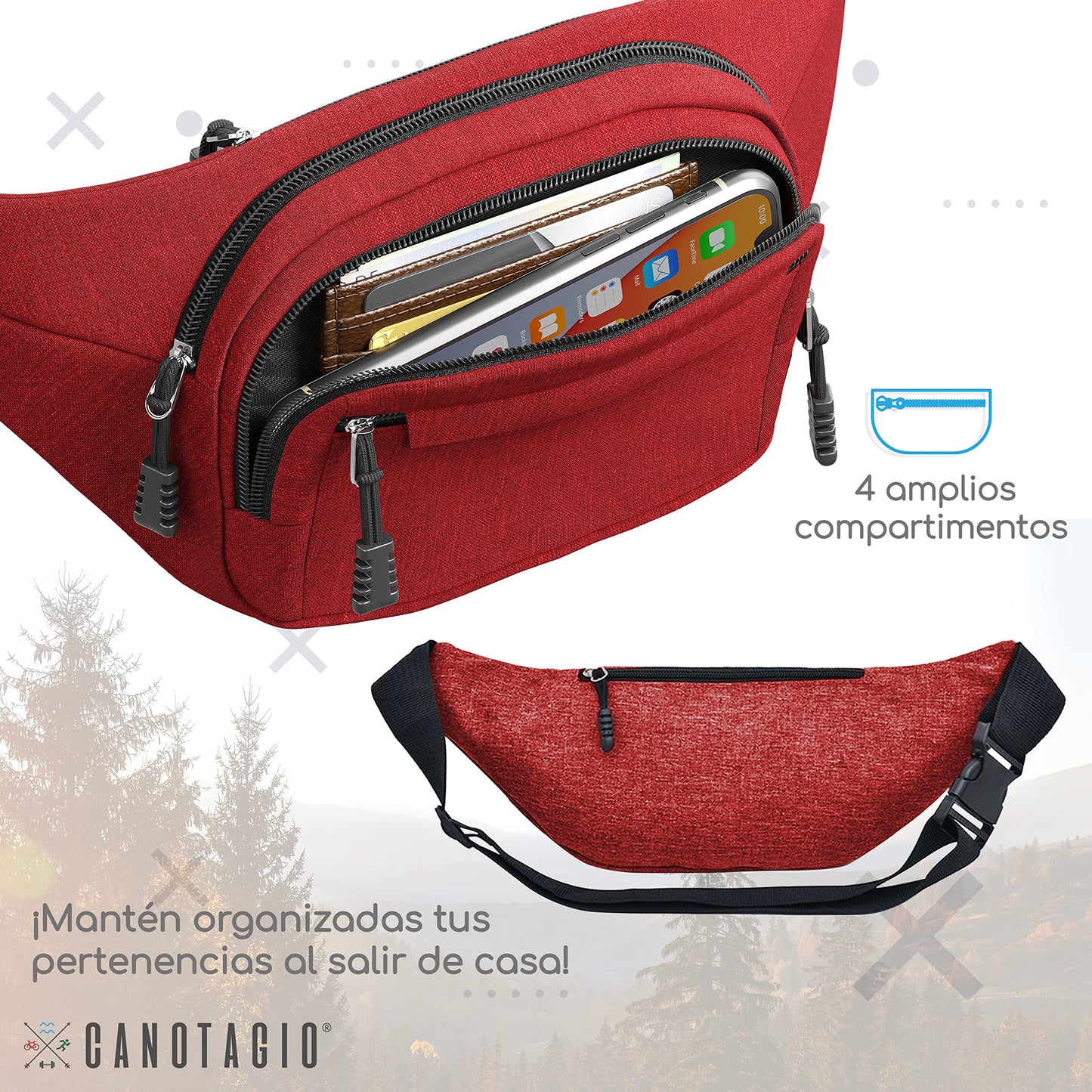 Canotagio Cangurera Deportiva de Viaje con Tela Impermeable de Amplia Capacidad. Para Hombre y Mujer. Excelente Riñonera de Viaje Ajustable. Fanny Pack/Running Belt/Travel Pouch. (Roja)